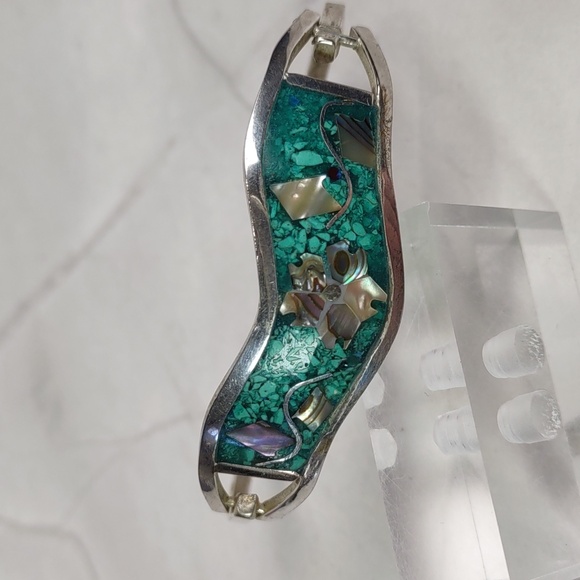 Vintage Alpaca Silver Turquoise/Abalone Inlay Hinged Bracelet - Picture 3 of 9